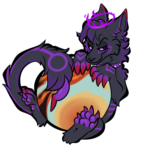 A drawing of a fluffy black and purple wolf-like creature holding a giant multicolored pearl. It has a purple halo and red tips on its nails, ears, and tail. The fur is mostly black with some small purple markings and accents. It is smiling with half-lidded eyes at its pearl.